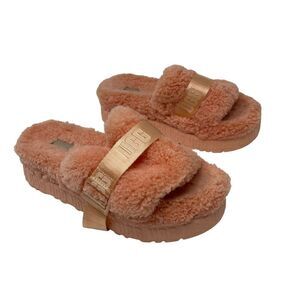 UGG 8 Fluffita Coral Pink Shearling Sandals Slippers Platform Slide Womens